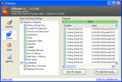 CCleaner - Issues Screen