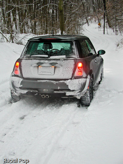 MINI Cooper S on snowy country road