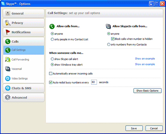 Advanced call settings in Skype