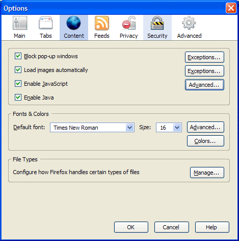 Firefox content options
