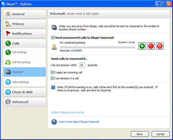 Voicemail settings in Skype