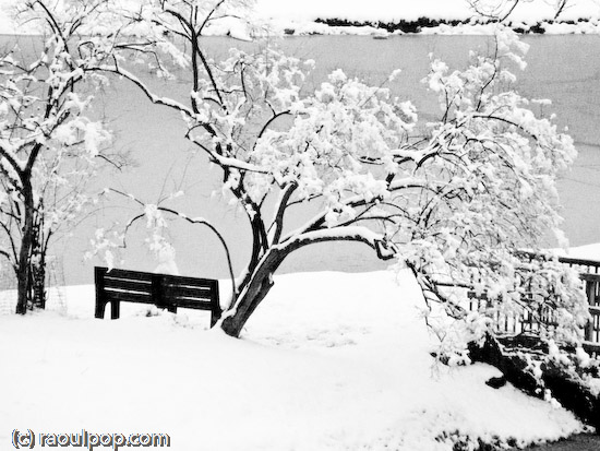 Snowman rests on bench