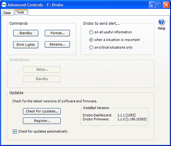 Drobo Dashboard Advanced Controls