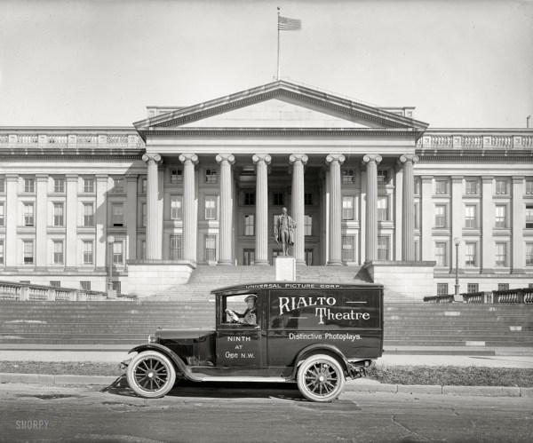 Rialto Theatre truck in front of US Treasury, 1925