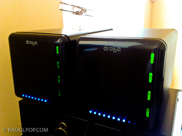 A 2nd Generation Drobo and a 1st Generation Drobo, side by side