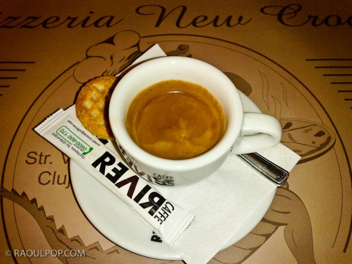 Espresso at Pizzeria New Croco, Cluj-Napoca, Romania.
